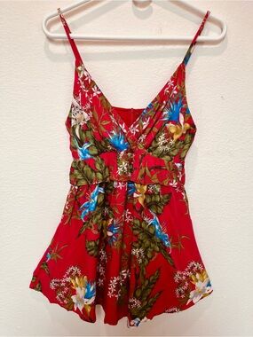 Everly Red Floral Hawaiian  Tropical Style Romper.